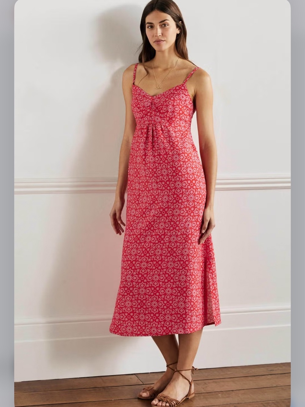 Boden Spaghetti Strap Viscose Linen Blend Midi Dress Size 4 Pink Floral Resort